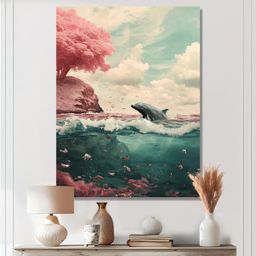 Dolphin In The Ocean By The Cherry Blossom Tree - Dolphin Framed Canvas Art